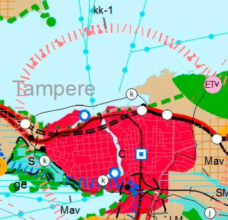 Sen mukaan alueen pohjoisosa on keskustatoimintojen aluetta (C) ja eteläosa kerrostalovaltaista asuntoaluetta (AK).