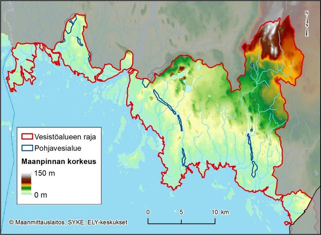 Kuva 3. Maanpinnan korkeussuhteet sekä pohjavesialueet Perämeren pohjoisen rannikkoalueen vesistöalueella (maanpinnan korkeus N2000+m) 2.