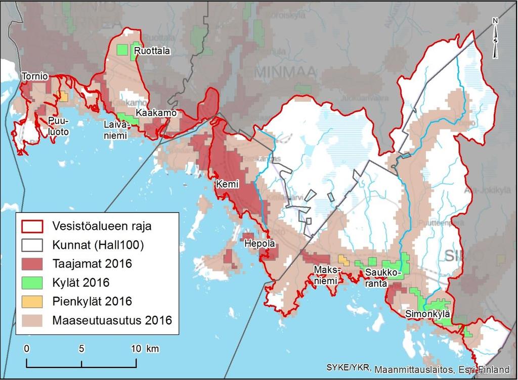 Kuva 6. Perämeren pohjoisen rannikkoalueen vesistöalueen kunnat ja taajamat Lähes 90 % Perämeren rannikkoalueen pinta-alasta on metsämaata ja suota (taulukko 5, kuva 7).