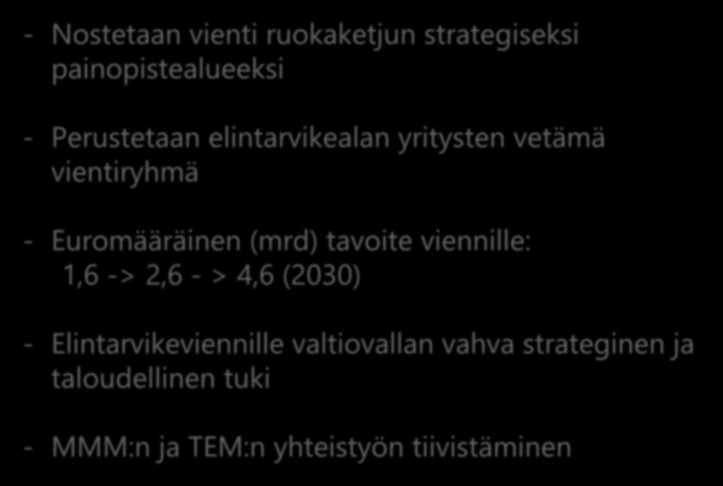 vientiryhmä 4 000 3 000 - Euromääräinen (mrd) tavoite viennille: 1,6 -> 2,6 - > 4,6 (2030) 2 000 1 000 -