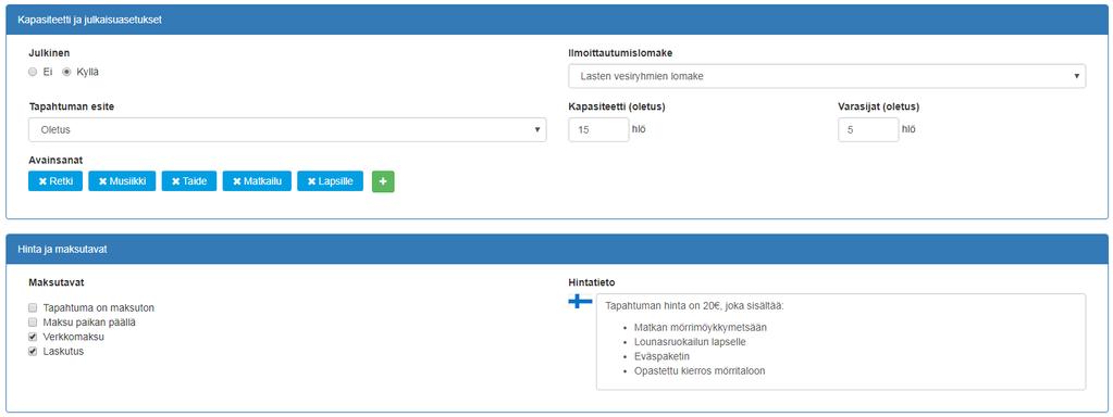 Pääkäyttäjä voi kuvata tapahtuman tiedot ja kuvat sekä liitetiedostot kuten tapahtumaesitteet, jotka näkyvät kotisivulla