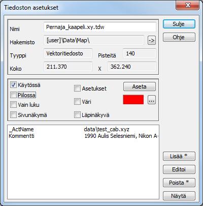 2.4 Tiedostoelementtien asetukset Valitse elementtilistasta Pernaja_kaapelit.xy.tdw ja valitse toiminto Tiedosto Elementit Asetukset. Saat näkyviin dialogin, jossa on tietoa aktiivisesta tiedostosta.