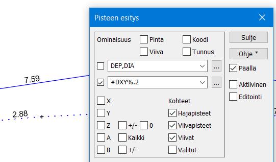 Arvo-rasti lisää numeron sijasta koodin selitystekstin (esimerkiksi Maan pinta, Tien keskilinja). Rivi-rasti kirjoittaa ominaisuudet peräkkäin, ei allekkain.