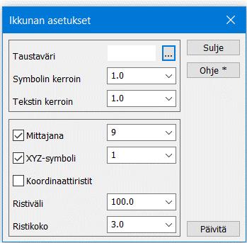 3.2 Ikkunan asetukset Asetukset Ikkuna Ikkunan yleistä ulkoasua ja ruudulle piirrettävien kohteiden näyttöasetuksia voi määrittää toiminnolla Asetukset Ikkuna.