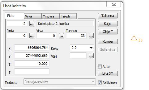 5.2 Aktiivinen kohde Editointi Aktiivinen kohde (Ctrl+E) Toiminto valitsee aktiivisena olevan kohteen editointidialogin automaattisesti.