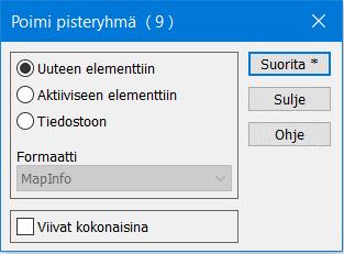 5.5 Pisteryhmän editointi Editointi Pisteet Ryhmä (Ctrl+G) Pisteryhmän editoinnilla voidaan muuttaa useamman hajapisteen, viivapisteen tai viivan tietoja yhdellä kertaa.