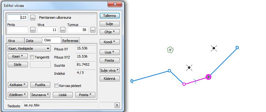 5.7 Viivan lisäys ja editointi Editointi Viivat Editoi Ohjelmassa on kaksi tapaa lisätä viiva. Edellä esitellyssä Lisää Kohteita -toiminnossa voit syöttää viivan koordinaatit myös käsin.