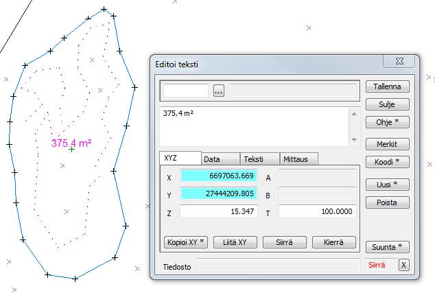 txt - nimiseen tulostiedostoon \Tiedostot\3D-System\3D-Win -kansioon. 6.1 Pinta-ala Laskenta Pinta-ala Pinta-alan laskennalla voidaan laskea halutun alueen pinta-ala.