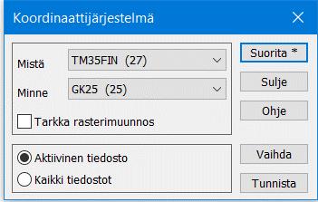 6.7 Koordinaattijärjestelmä Laskenta Muunnokset Koordinaattijärjestelmä Toiminnolla voit muuttaa aineistojen koordinaattijärjestelmiä KKJ:n, EUREF-FIN GK:n ja