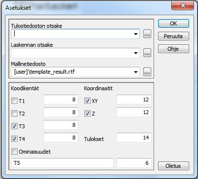 Toiminto löytyy kohdasta Laskenta Muunnokset Muunna XY. Lisäksi aineiston desimaalien määrä voidaan pyöristää haluttuun määrään. Koordinaatteihin voidaan lisätä tai vähentää haluttu arvo.