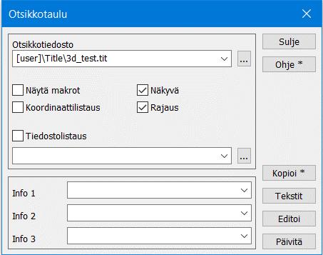 7.2 Otsikkotaulu Tiedosto Tulostus Otsikkotaulu Tulosteisiin on mahdollista saada mukaan nimiöt, joihin voi tallentaa esimerkiksi yrityksen, projektin ja mittaajan tietoja.