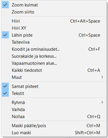 Hiiren pikavalikosta (avautuu painamalla hiiren oikeaa korvaa) löytyy lisää usein tarvittuja toimintoja.