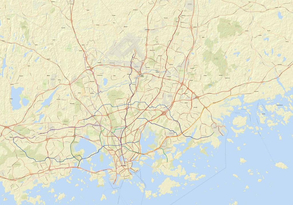 Baanaverkosto Länsibaana (Helsingin asema Soukka) TUUSULA TUSBY Korso KERAVA KERVO Lentoasema Junaraiteet Metroraiteet Kuntarajat LUONNOS Reittinimet tarkistetaan myöhemmin Munkkiniemenbaana