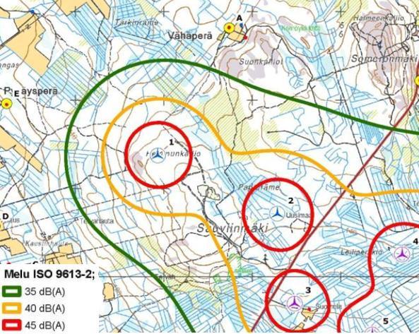 Alustava mittauspaikka Kuva 1. Mallinnuskartta ja alustava melumittauspaikka.