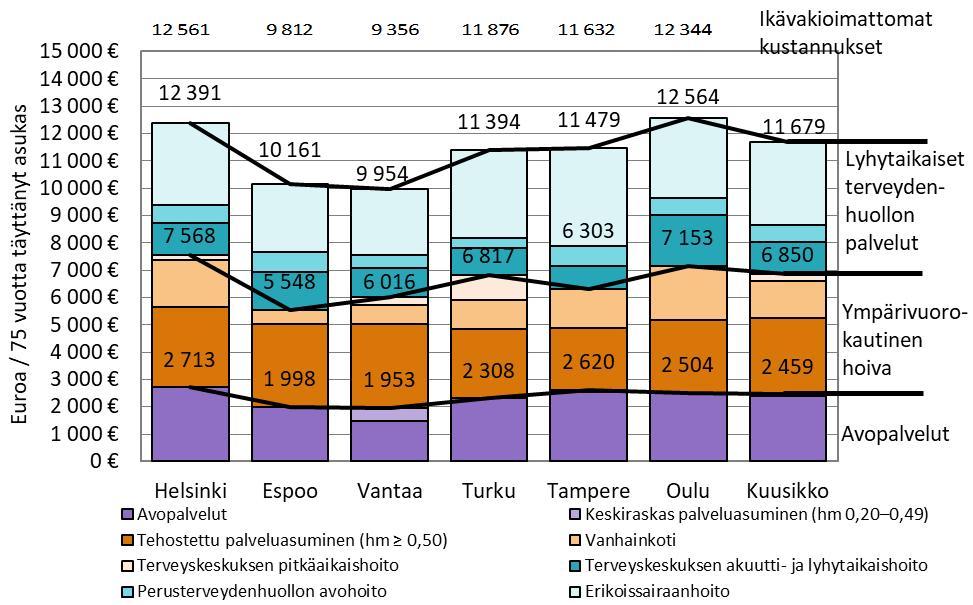 Sosiaali- ja terveydenhuollon palvelujen kustannukset 75 vuotta täyttänyttä