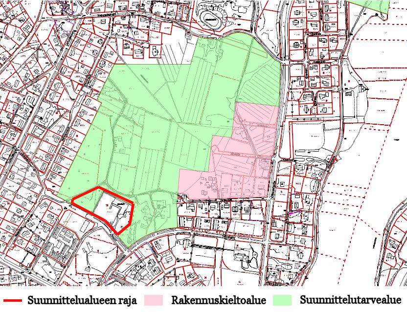 Kuva 7. Kaava-alueen ympäristön suunnittelutarve- ja rakennuskieltoalueet pohjakartalla. Suunnittelualue on rajattu likimääräisesti punaisella.