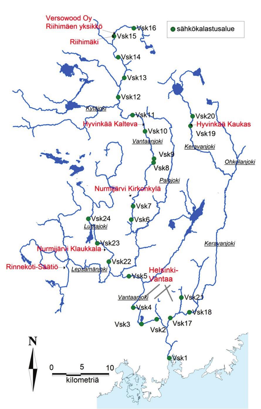 Kuva 4. Vantaanjoen vesistön sähkökalastusalueiden sekä pistekuormittajien sijainnit. 5.