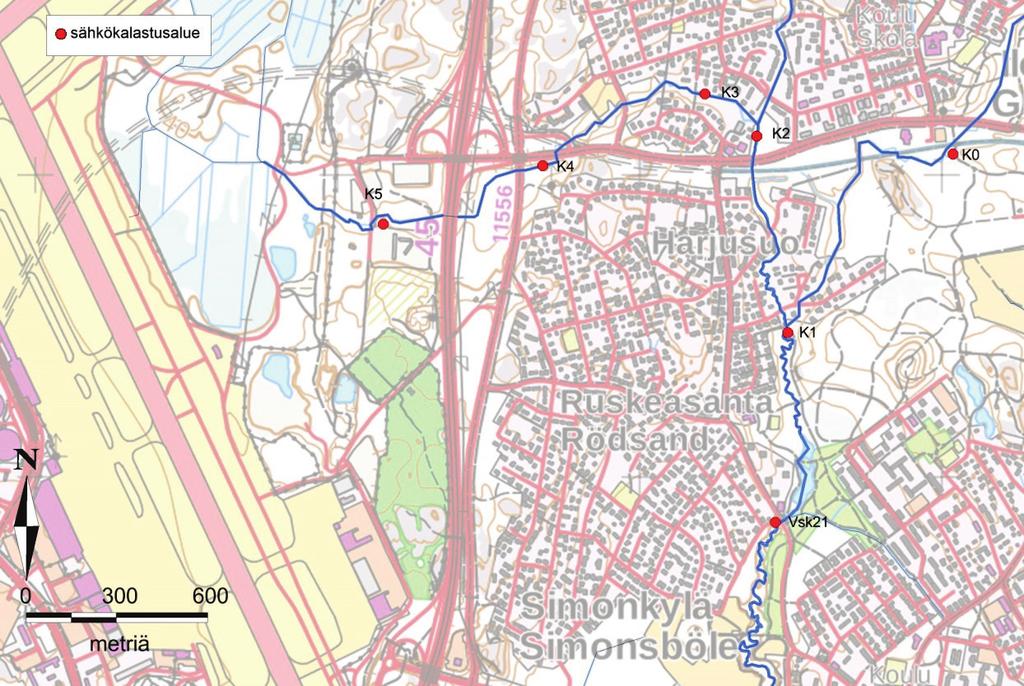 5.4 Kylmäojan länsihaaran kalatarkkailu Kylmäojan länsihaarassa sähkökalastettiin kaikkiaan seitsemällä koealalla vuonna 2018. Koealat K0 K5 kalastettiin ensimmäisen kerran vuonna 2017 (kuva 15).