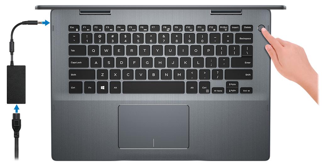Inspiron 5482 -tietokoneen käyttöönotto 1 1 Kytke verkkolaite ja paina virtapainiketta. HUOMAUTUS: Akkuvirran säästämiseksi akku voi siirtyä virransäästötilaan.