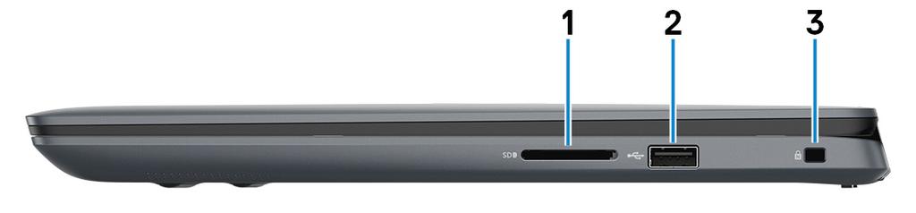 Inspiron 5482 -tietokone eri suunnista 3 Oikea 1 SD-korttipaikka Lukee SD-kortteja ja kirjoittaa niille. 2 USB 2.