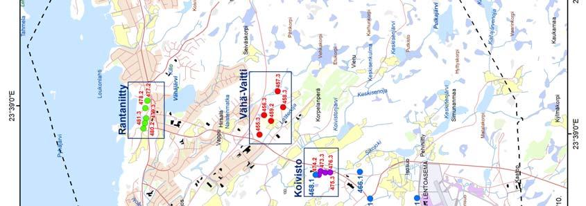 Vähä-Vaitti (punaiset pisteet), Koivisto (violetit pisteet) ja