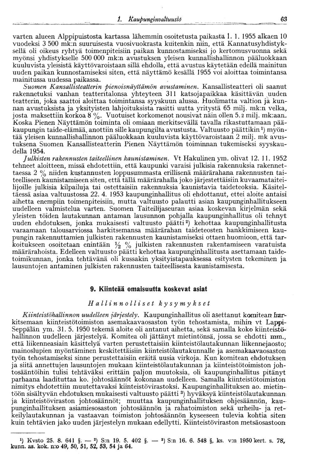 1. itaupunginvailuusld 63 varten alueen Alppipuistosta kartassa lähemmin osoitetusta paikastä 1.1. 1955 alkaen 10 vuodeksi 3 500 mk:n suuruisesta vuosivuokrasta kuitenkin niin, että