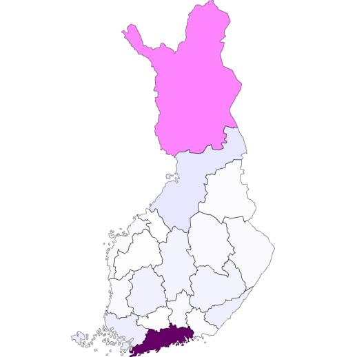 Maakuntien osuudet kaikista yöpymisistä sekä ulkomaisista yöpymisistä Suomessa 2018 Osuus kaikista 22,2 miljoonasta yöpymisestä Suomessa 2018, Suomi = 100 % Osuus ulkomaisista