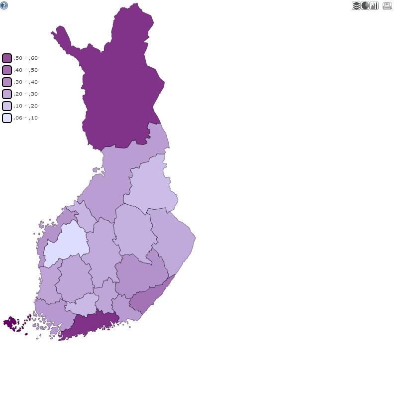 Ulkomaisten yöpymisten osuus (%) maakunnissa vuonna 2018 Kukin maakunta = 100 % Koko Suomessa kirjattiin yhteensä 6,8 miljoonaa ulkomaista yöpymistä vuonna 2018 Central Ostrobothnia Ostrobothnia