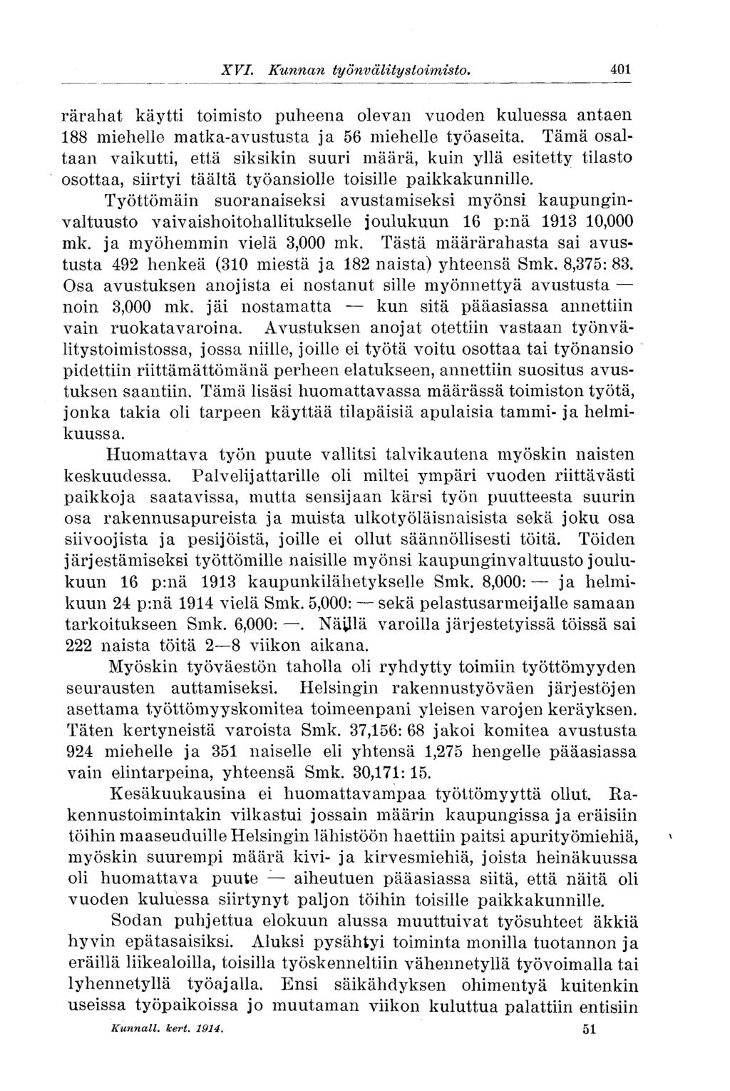 XVI. Kunnan työnvälitystoimisto. 401 rärahat käytti toimisto puheena olevan vuoden kuluessa antaen 188 miehelle matka-avustusta ja 56 miehelle työaseita.