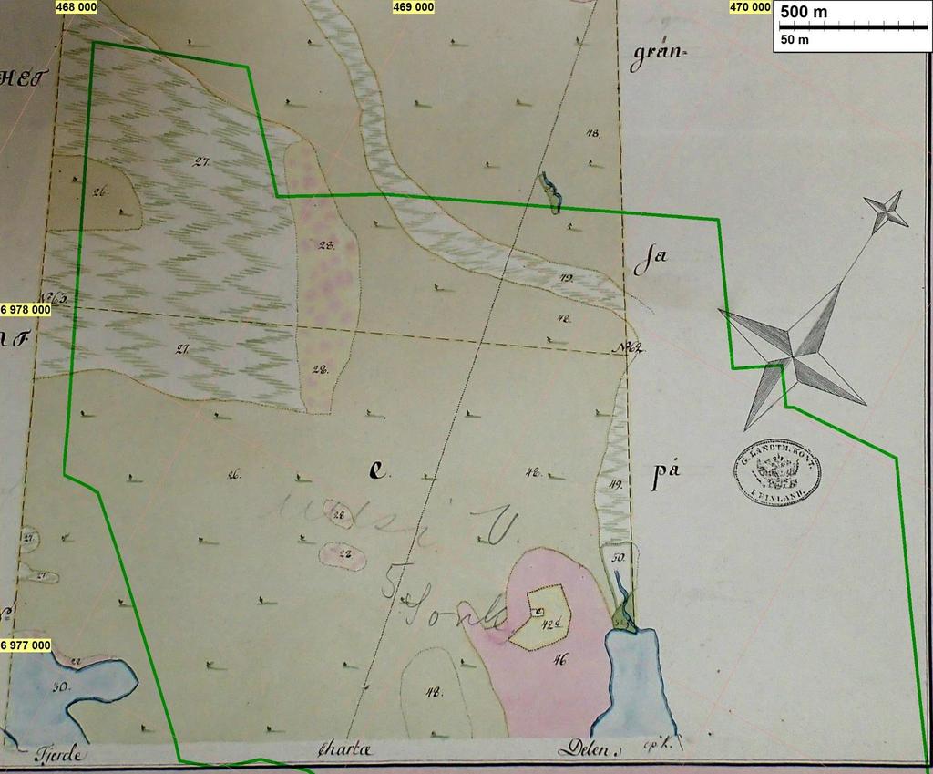 4 Vanhoja karttoja Ote vuoden 1788 kartasta (J. Wirzenius a). Vihreä viiva rajaa inventointialuetta (alueen länsiosaa).