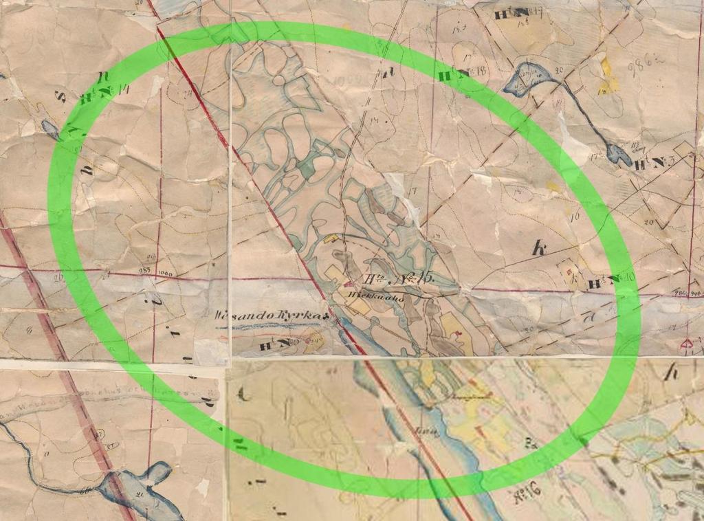 6 Yhdistelmä vuosina 1842-44 laaditusta pitäjänkartasta (myöhemmin nimetyt karttalehdet 3224 03, 3224 06, 3313 01 ja 3313 04).