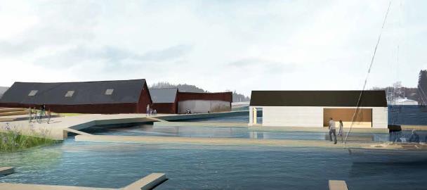Vierassataman kelluva sauna, Taidetehtaan rantapuisto, kohde 7 Vesialueella on rakennusala ja rakennusoikeutta 80 k-m²kelluvaa saunaa varten. Rakennusalan koko on 144 m² ja mitat ovat 9 x 16 metriä.