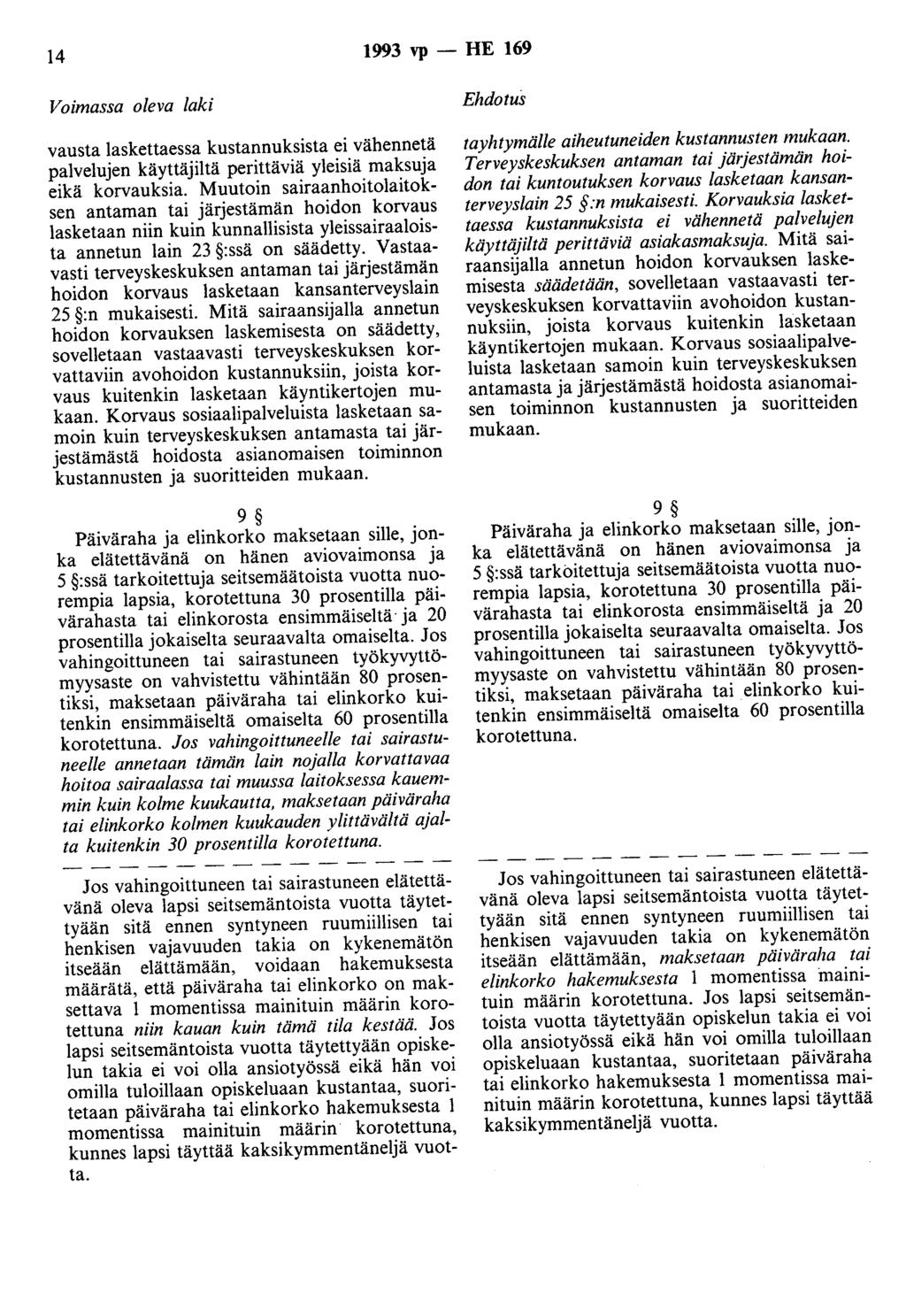 14 1993 vp - HE 169 Voimassa oleva laki vausta laskettaessa kustannuksista ei vähennetä palvelujen käyttäjiltä perittäviä yleisiä maksuja eikä korvauksia.