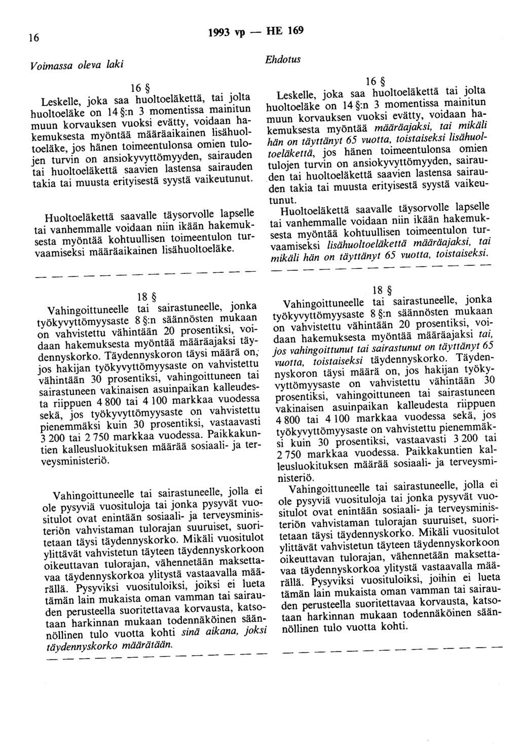 16 1993 vp- HE 169 Voimassa oleva laki 16 Leskelle, joka saa huoltoeläkettä, tai jolta huoltoeläke on 14 :n 3 momentissa mainitun muun korvauksen vuoksi evätty, voidaan hakemuksesta myöntää