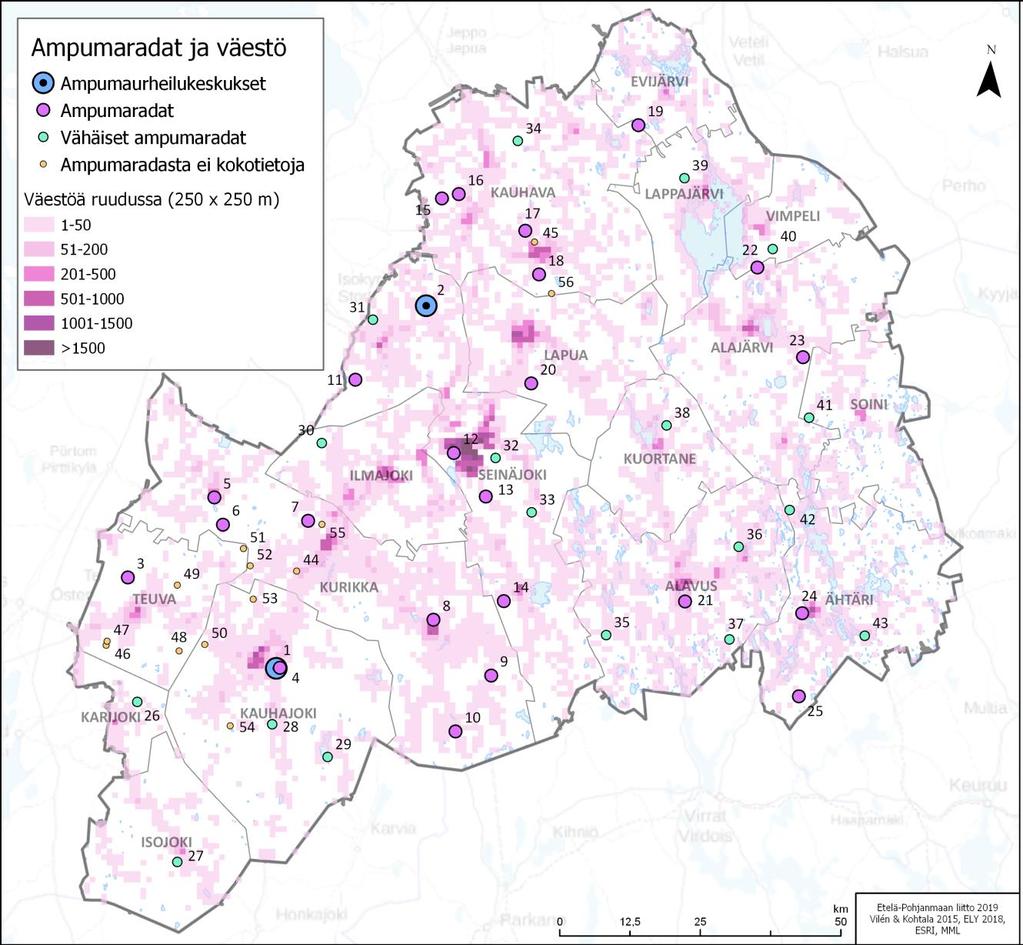 4. ETELÄ-POHJANMAAN AMPUMARADAT Etelä-Pohjanmaan ampumaratojen kehittämissuunnitelman pohjatiedot alueen ampumaradoista perustuvat Vilénin ja Kohtalan (2015) opinnäytetyössä Ampumarataselvitys