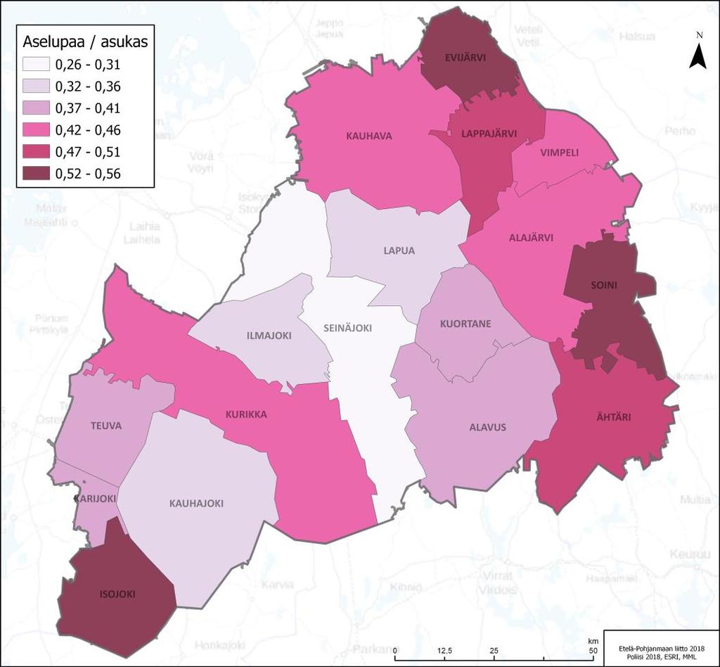 Taulukko 1. Kuntien väkiluvut sekä aselupien määrä ja niiden suhde väestöön. Kunta 2018 Väkiluku Aseluvat Aseluvat/väkil.