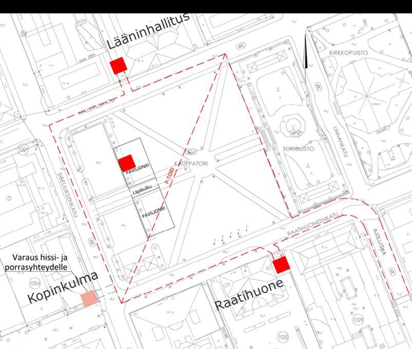 10. HISSI- JA PORRASNOUSUT P-torin hissi- ja porrasnousut on sijoitettu torin ulkopuolelle siten, että ne eivät peitä arvokkaita näkymiä Kirkkopuistoon, Raatihuoneelle tai Lääninhallitukseen.