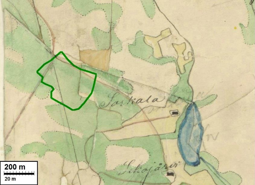 6 Ote pitäjänkartasta v. 1847. Tutkimusalue piirretty päälle vihreällä. Ote peruskartasta v. 1954.