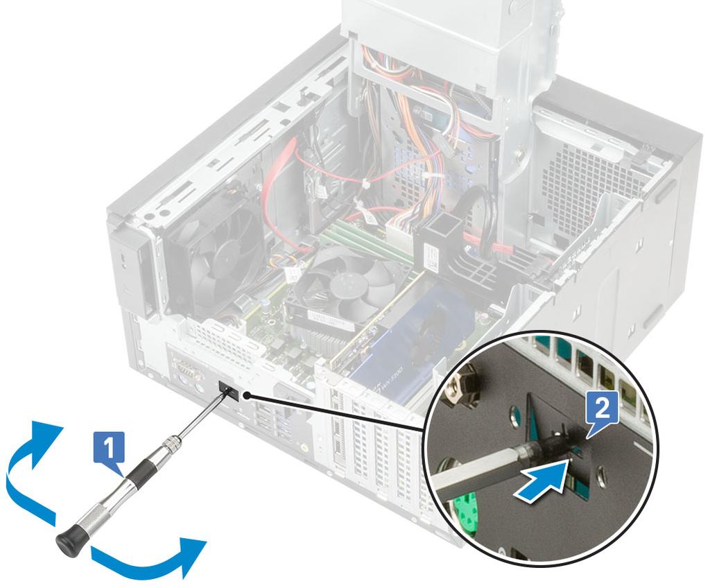 2 Aseta I/O-kortti paikkaansa tietokoneen sisäpuolelta käsin [1] ja kiinnitä kaksi M3X3-ruuvia, joilla I/O-kortti kiinnittyy