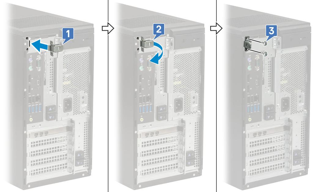 A Kaapelisuoja Precision Tower 3630:n kaapelisuoja suojaa portteja ja järjestelmään kytkettyjä kaapeleita. Asenna kaapelisuoja järjestelmän koteloon seuraavasti.