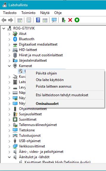 Laitehallinta Laitehallinnassa näkyy kaikki tietokoneeseen kuuluvat ja liitetyt laitteet. Laitehallintaan pääsee: Aloitus hiiren 2. painikkeella Laitehallinta.