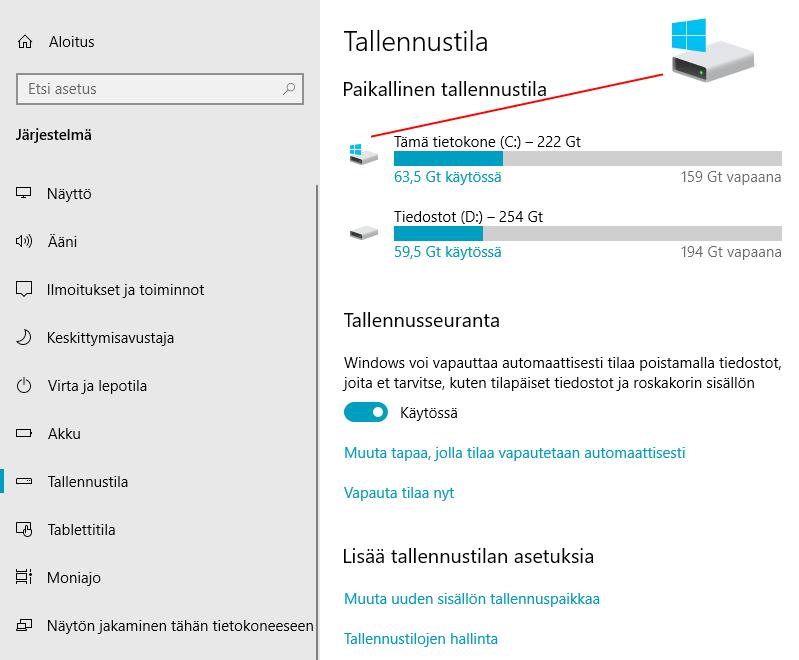 Tallennustilan hallinta Kiintolevyjen tallennustilaa voidaan hallita: Valitaan Asetukset Järjestelmä Tallennustila Tietokoneessa voi olla useampia kiintolevyjä.