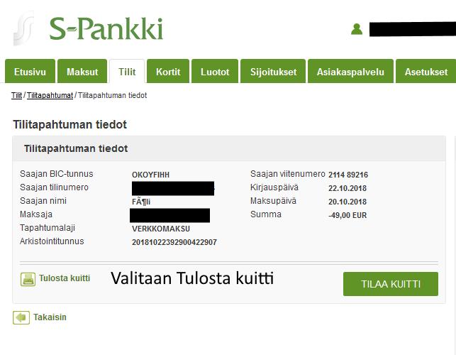 Tulostaminen tiedostoon Kirjoittimelle tulostamisen lisäksi voidaan tulostaa tiedostoon, eli luoda pdf -tiedosto. Tämä on käytännöllistä esimerkiksi haluttaessa kuitti maksetusta laskusta.