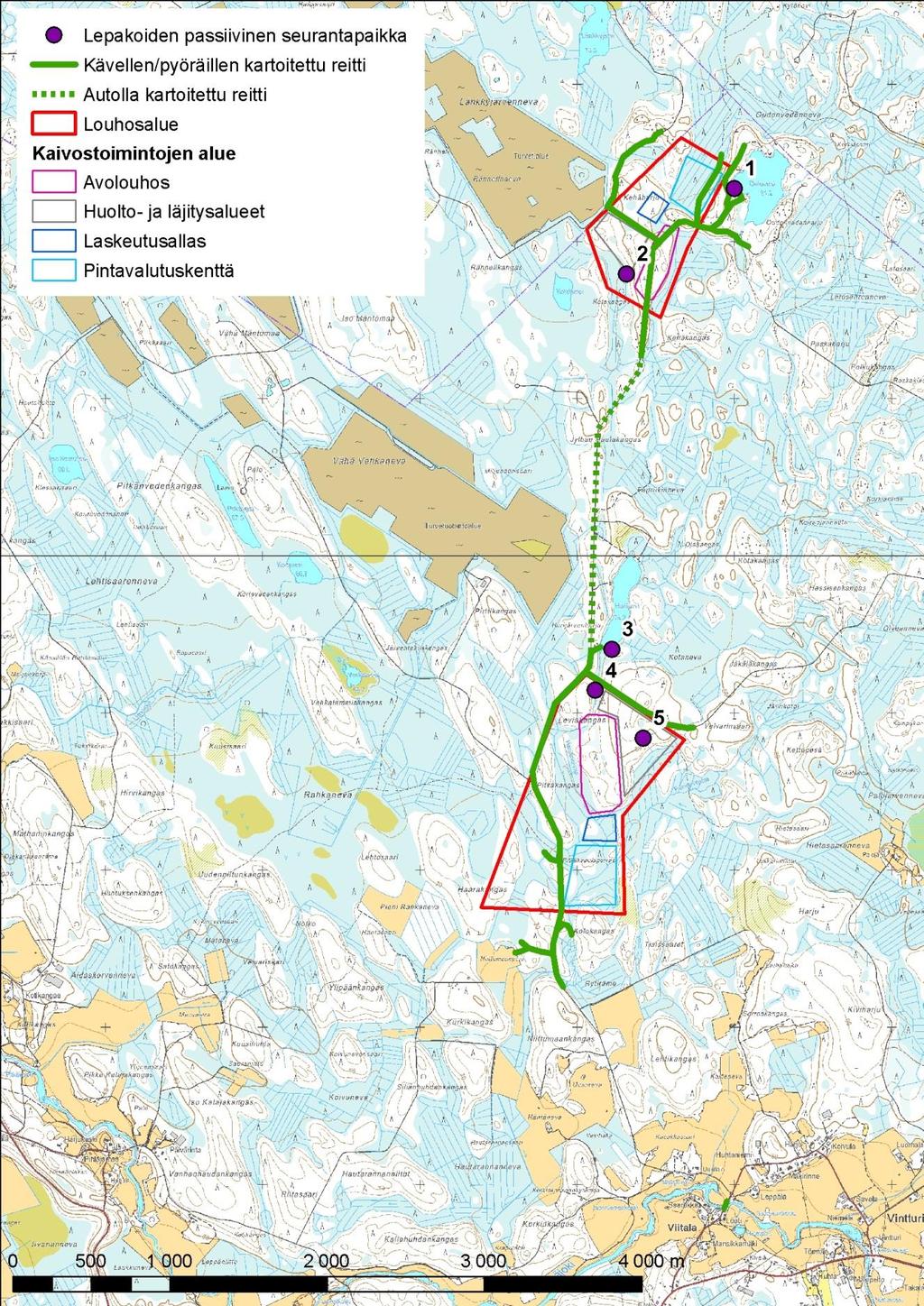 0-1 LIITE 1 LEPAKKOKARTOITUSREITTI JA NAUHOITTAVIEN DETEKTORIEN SIJOITUSPAIKAT Lepakkokartoitusreitti