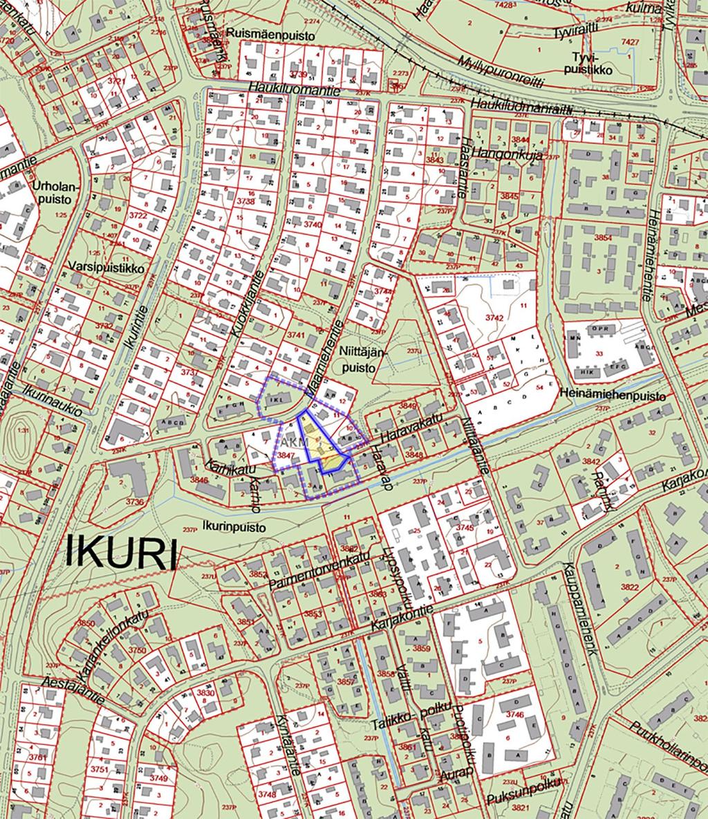 Ikuri, Maamiehentie 8, Haravakatu 12. Tontin jako.