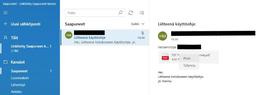 Tallennus: Avataan sähköpostiviesti, jossa on