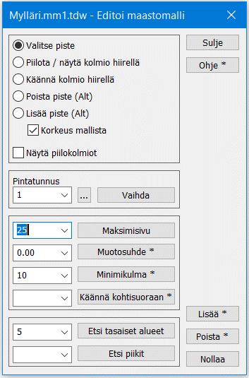 Kolmioverkon muokkaus 3.2.1 Reunaviivat ja reiät Maastomalliin on saattanut jäädä kolmioimattomia alueita mahdollisesti liian pienen maksimisivunpituuden takia. Kun kolmioit Mylläri.xy.