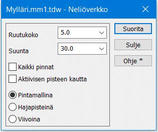 Avaa toiminto Maastomalli Neliöverkko. Aseta haluamasi ruutukoko metreinä ja ruudukon suuntakulma gooneina. Kun painat Suorita, ohjelma laskee ja piirtää neliöverkon mallin alueelle.