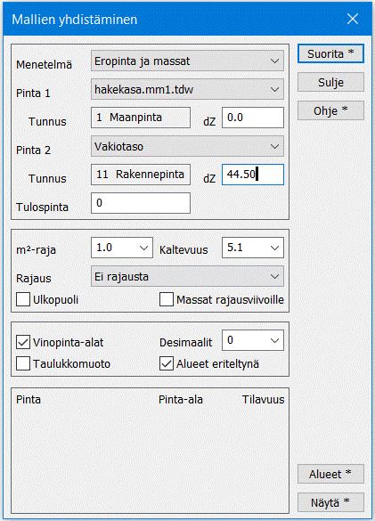 Mallien yhdistäminen Toiminnolla voidaan yhdistää kaksi maastomallia yhdeksi maastomalliksi, esimerkiksi korkeuseropinnaksi.