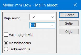 Voit valita alueeksi aktiivisen tiedoston, elementtilistan kaikkien näkyvissä olevien tiedostojen kattaman alueen tai näytön alueen. Nimi Mallin nimi, jolla syntynyt malli nimetään elementtilistaan.